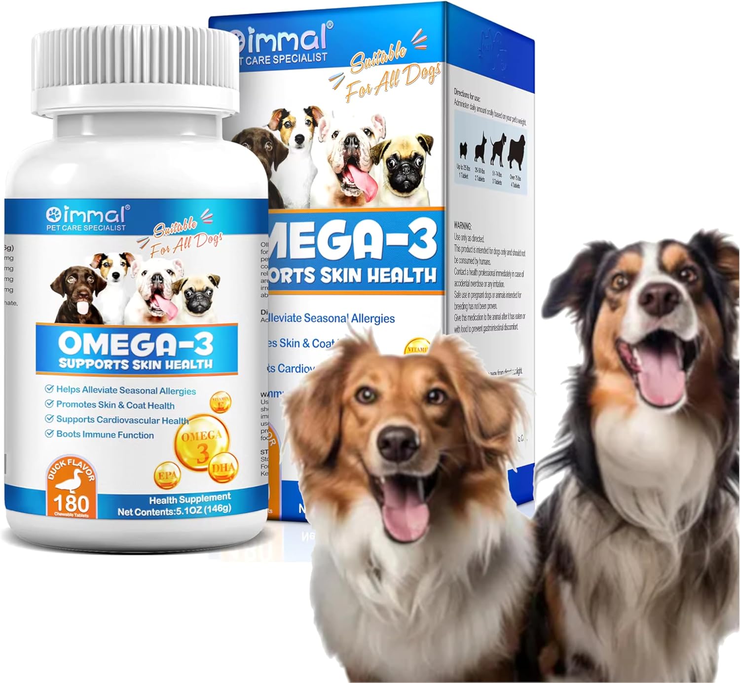 Omega 3 Fish Oil Tablets for Dogs - 180 Count - Promotes Healthy Skin, Coat, and Joints - Salmon and Duck Flavored Supplement