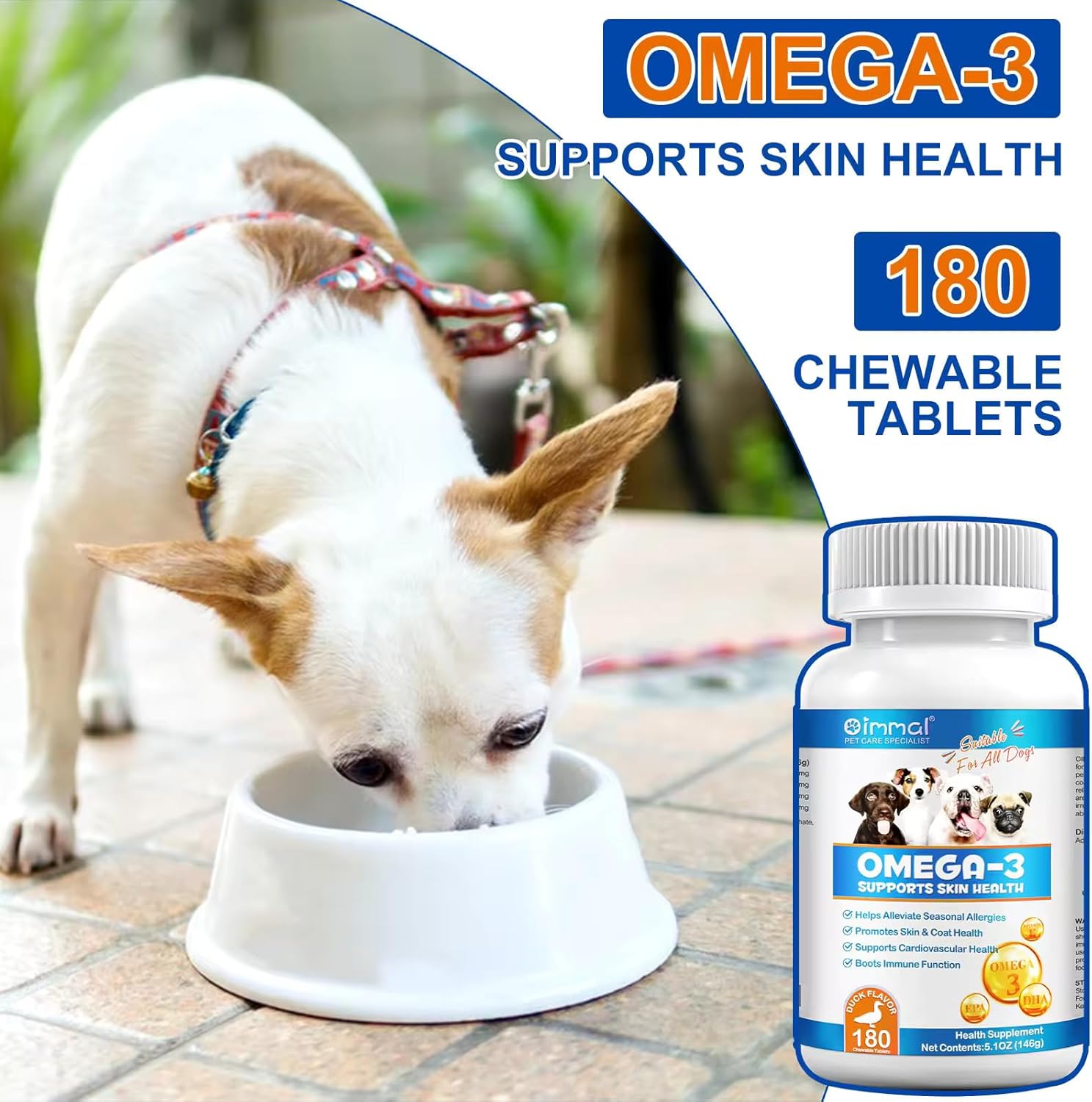 Omega 3 Fish Oil Tablets for Dogs - 180 Count - Promotes Healthy Skin, Coat, and Joints - Salmon and Duck Flavored Supplement