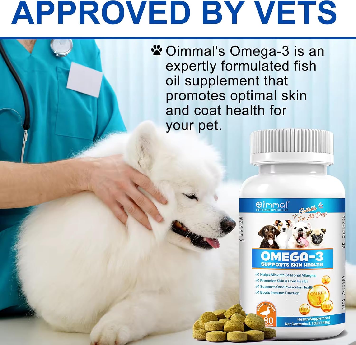 Omega 3 Fish Oil Tablets for Dogs - 180 Count - Promotes Healthy Skin, Coat, and Joints - Salmon and Duck Flavored Supplement