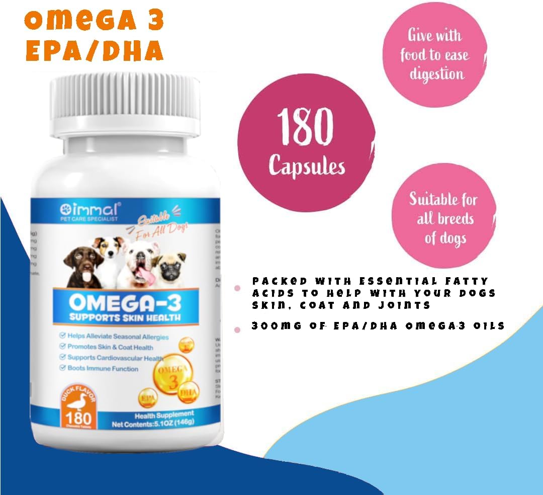 Omega 3 Fish Oil Tablets for Dogs - 180 Count - Promotes Healthy Skin, Coat, and Joints - Salmon and Duck Flavored Supplement