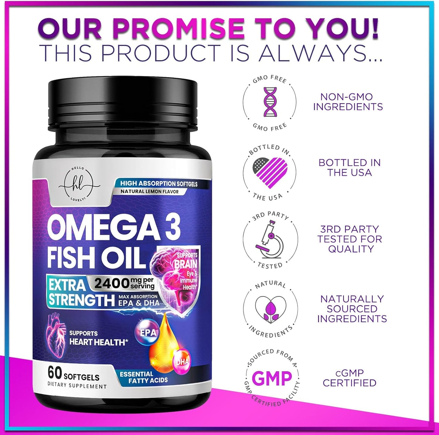 Omega 3 Fish Oil Triple Strength Softgels 2400 mg for Heart, Brain & Joint Support - Natural Omega-3 Supplement with EPA & DHA - 60 Rapid Release Softgels