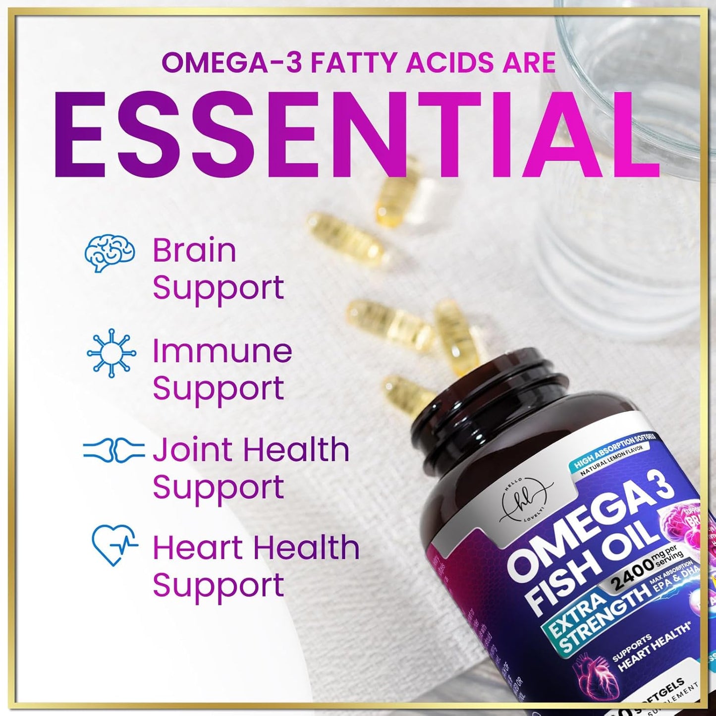 Omega 3 Fish Oil Triple Strength Softgels 2400 mg for Heart, Brain & Joint Support - Natural Omega-3 Supplement with EPA & DHA - 60 Rapid Release Softgels