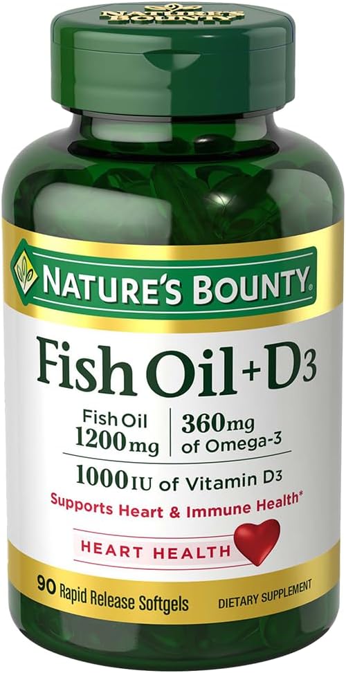 Omega-3 Fish Oil with Vitamin D3 Softgels for Immune & Heart Health - 90 Count