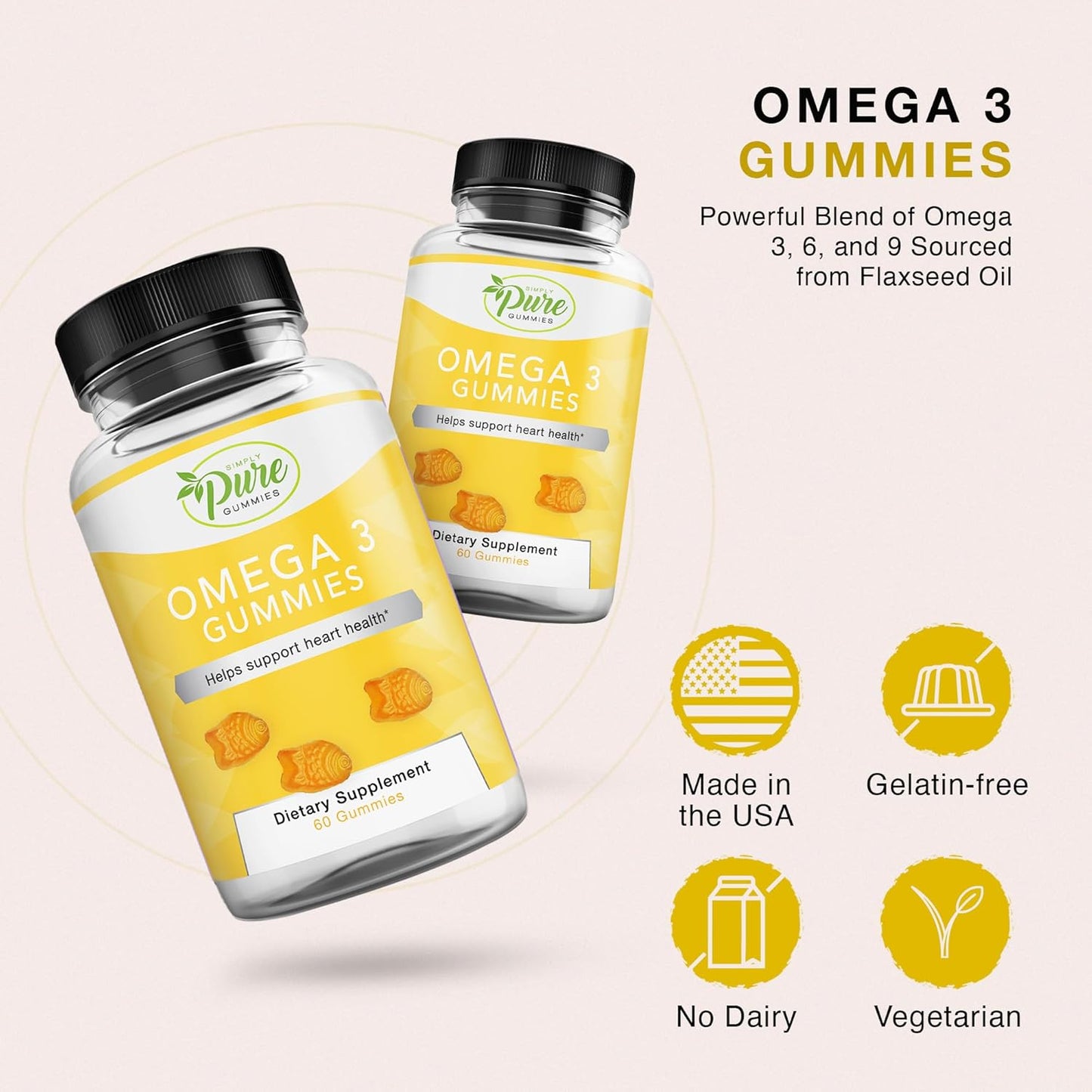 Omega 3 Gummies for Adults & Kids - Circulatory Support with Omega 3 6 9 - No Fish Oil Orange Flavor - 60 Day Supply