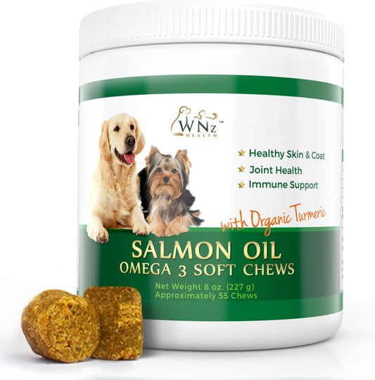 Omega 3 Skin and Coat Chews for Dogs - Salmon Oil Supplement for Joint Pain, Immune Support - Chewable Treats for Itchy Skin Relief - 55 Chews, 8 Oz