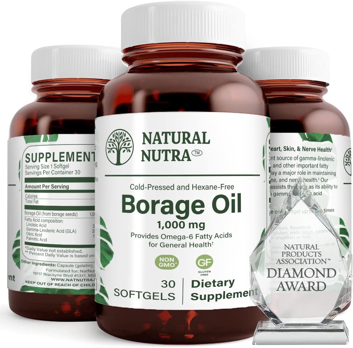Omega 6 Borage Oil Softgels for Skin, Heart, and Nerve Health - 30 Count