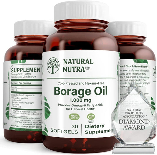 Omega 6 Borage Oil Softgels for Skin, Heart, and Nerve Health - 30 Count