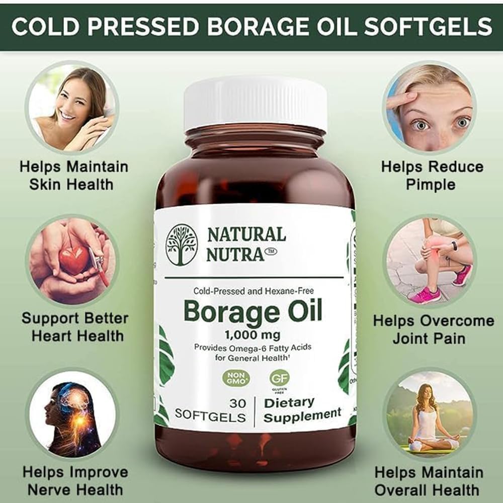 Omega 6 Borage Oil Softgels for Skin, Heart, and Nerve Health - 30 Count