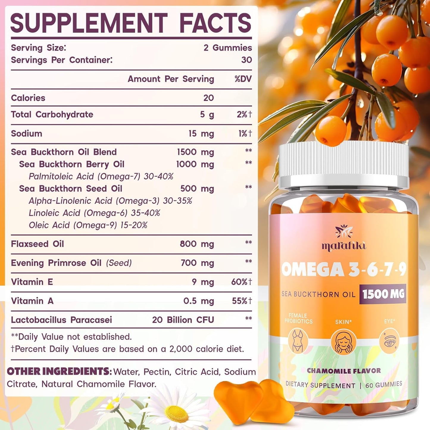 Omega-7 Sea Buckthorn Oil Gummies for Women - Omega 3 6 7 9 Supplement with Flaxseed Oil, Evening Primrose Oil, Vitamins E, A & Probiotics - Skin, Eye & Dryness Support - Chamomile Flavor - 120 Gummies