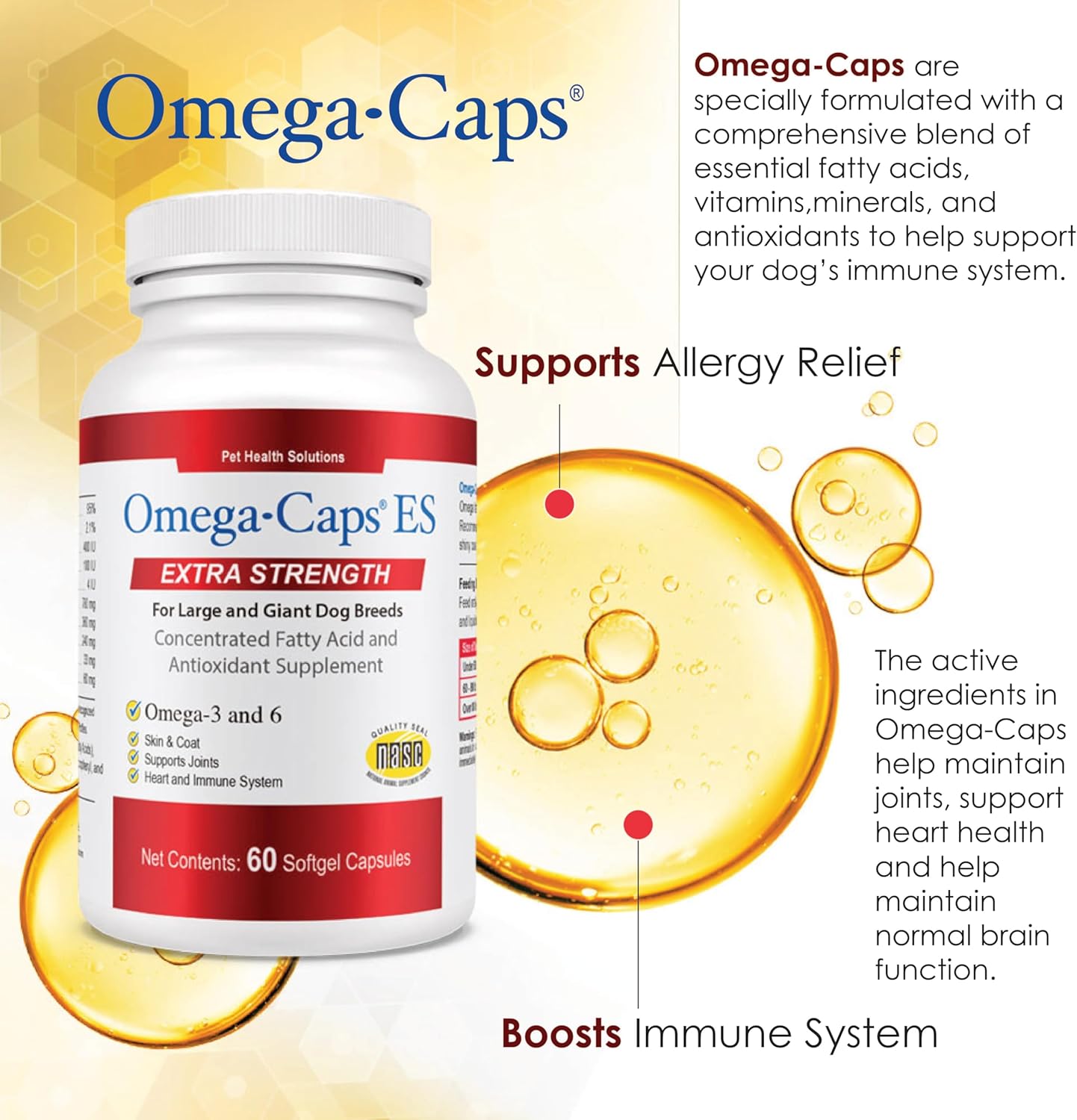 Omega-Caps Extra Strength for Large Breeds: Vet Formulated Skin & Coat Support with Omega 3 - 60 Soft Gels