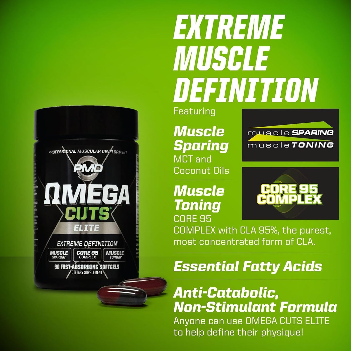 Omega Cuts Elite Fat Loss-Muscle Defining Formula with Omega Fatty Acids, MCT's, and CLA - Keto Friendly Stimulant Free Softgels for Muscle Definition and Maintenance