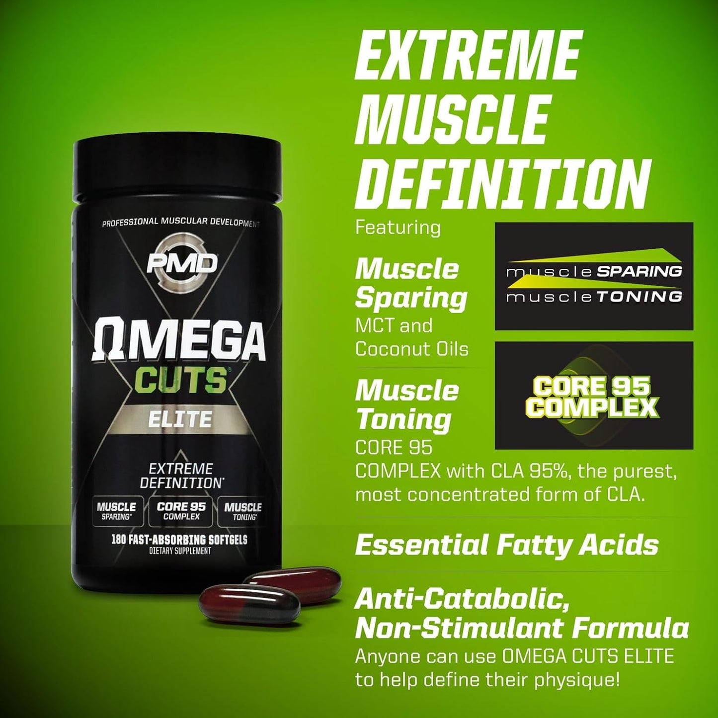 Omega Cuts Elite: Fat Loss & Muscle Defining Formula with Omega Fatty Acids, MCT's, and CLA - Keto Friendly, Stimulant Free for Women and Men - 180 Softgels