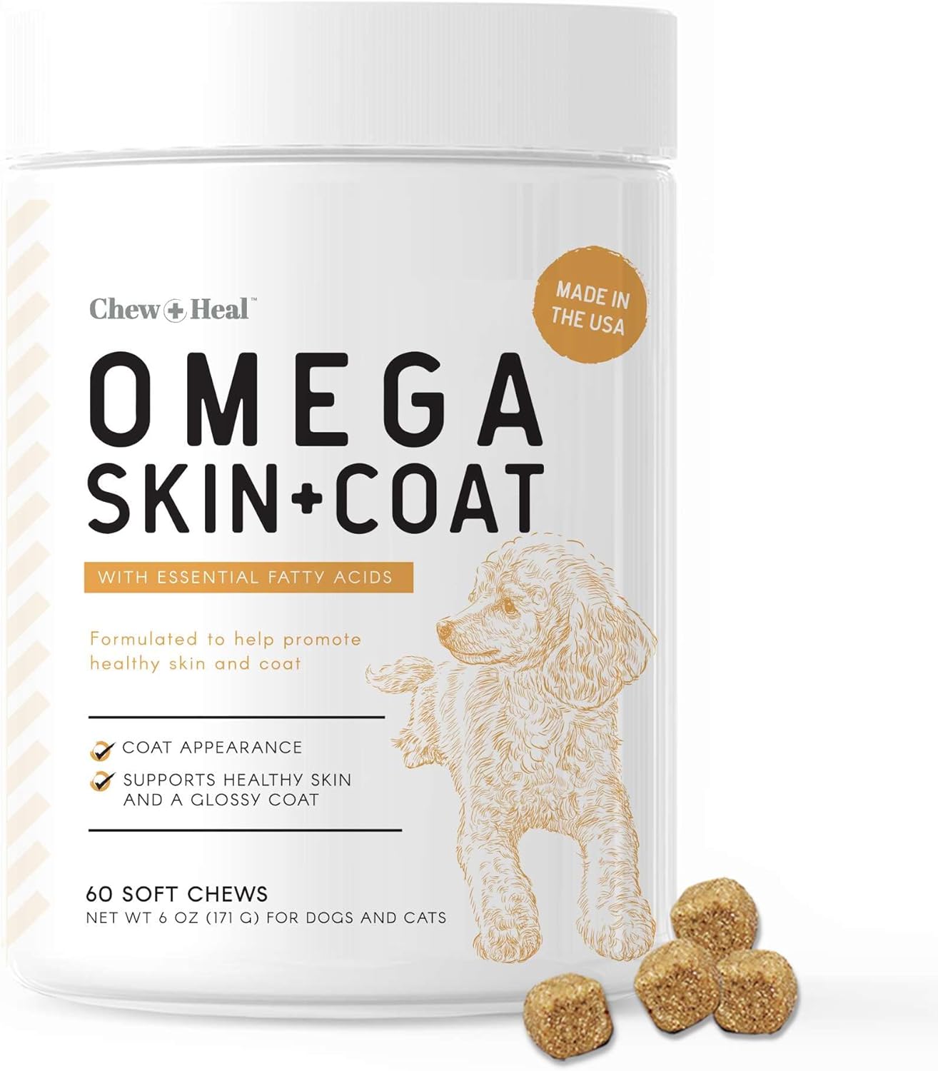Omega-Rich Salmon Oil Soft Chews for Dogs - Skin & Coat Support Treats with Essential Fatty Acids, Vitamins, Antioxidants - Made in USA by Chew + Heal Labs