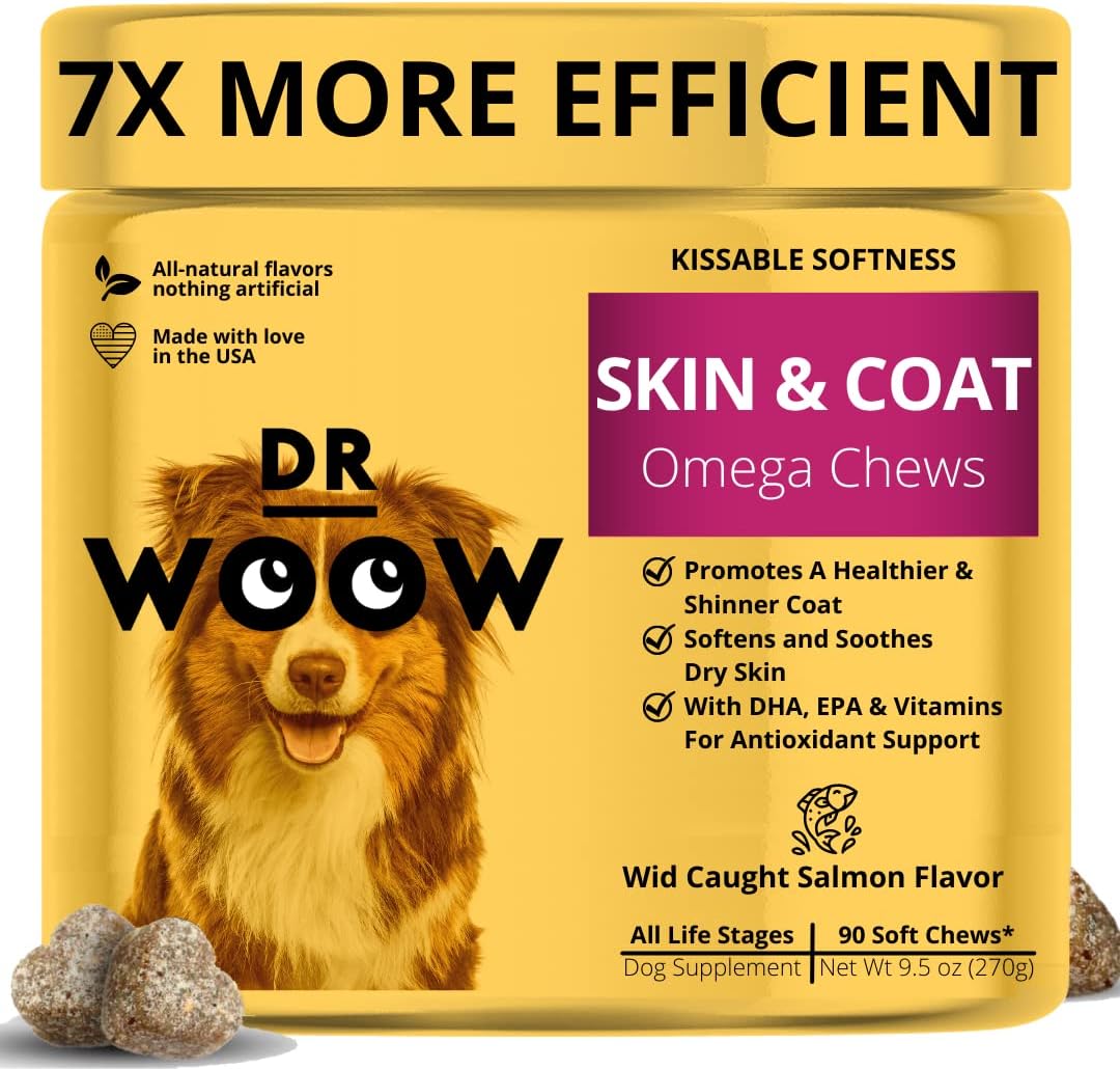 Omega Wild Alaskan Salmon Fish Oil Soft Chews for Dogs - Anti Itch & Coat + Allergy Support - With Kelp, Biotin, Vitamins, Zinc - 90 ct - Reduce Shedding & Itchy Skin, Dog Allergies