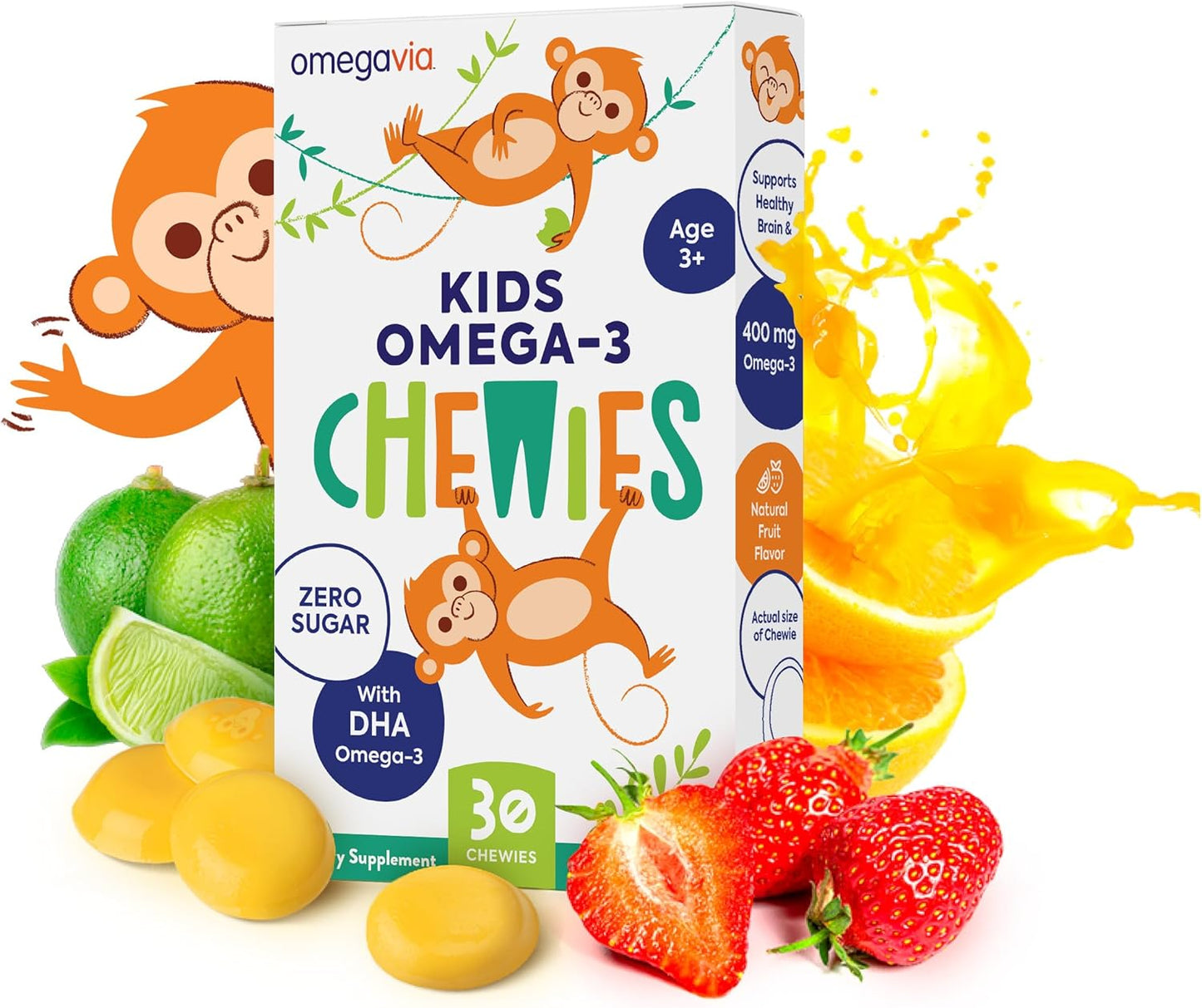 OmegaVia Ultra-High DHA Omega 3 Gummies for Kids - Brain & Eye Health Support - Sugar-Free Natural Fruit Flavor - 30 Count Omega 3 Fish Oil Gummies