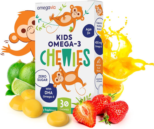 OmegaVia Ultra-High DHA Omega 3 Gummies for Kids - Brain & Eye Health Support - Sugar-Free Natural Fruit Flavor - 30 Count Omega 3 Fish Oil Gummies