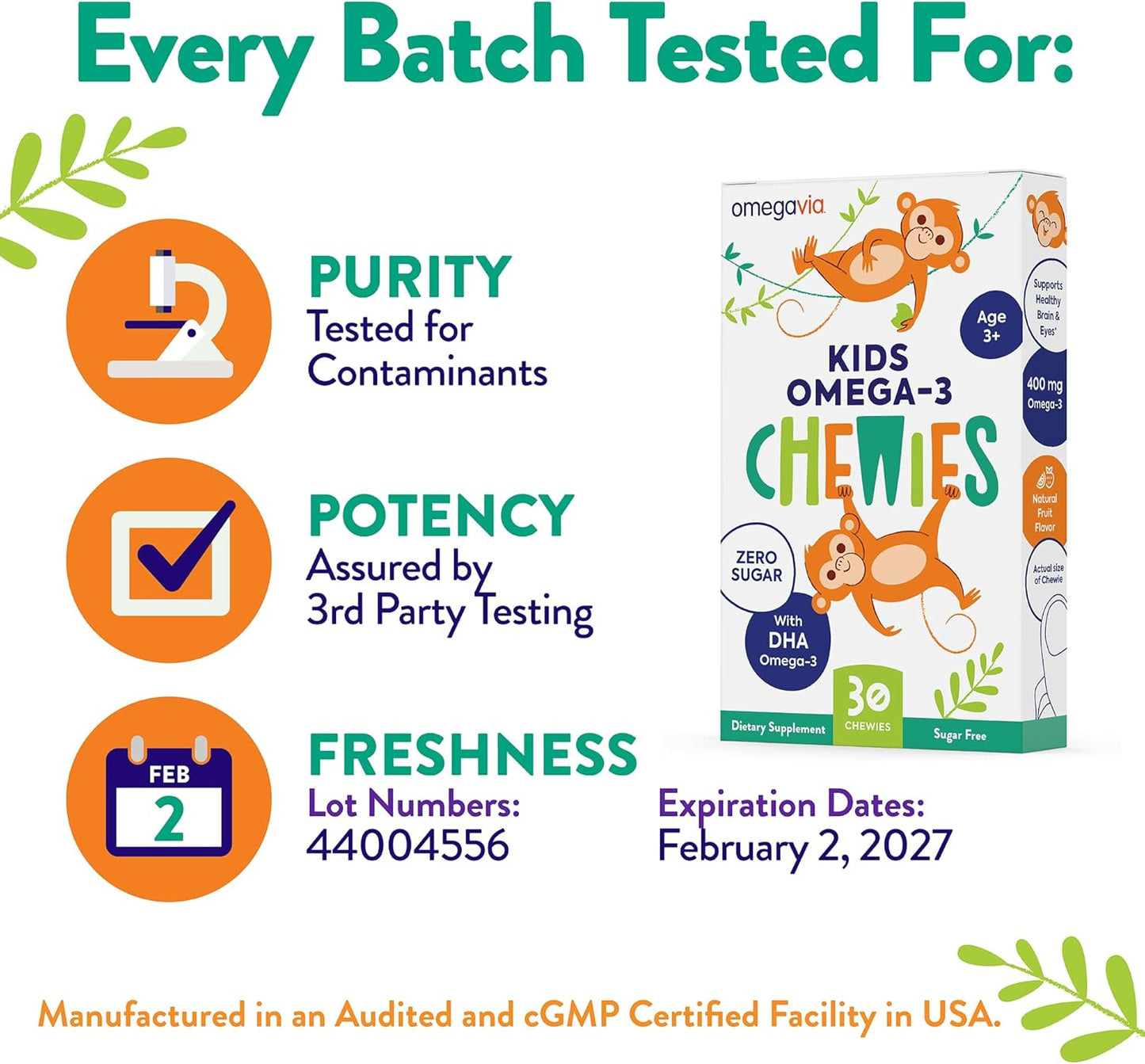 OmegaVia Ultra-High DHA Omega 3 Gummies for Kids - Brain & Eye Health Support - Sugar-Free Natural Fruit Flavor - 30 Count Omega 3 Fish Oil Gummies