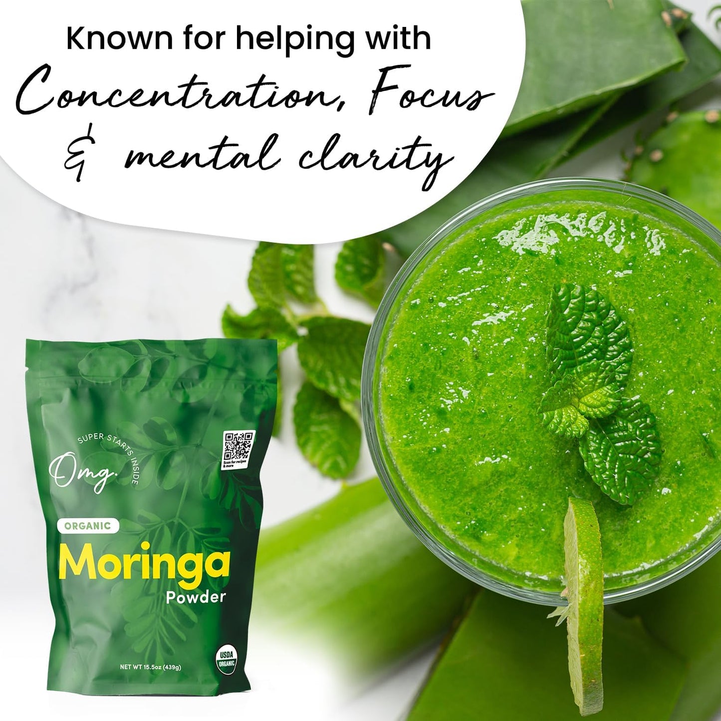 OMG! Superfoods Organic Moringa Powder - USDA Certified, 100% Pure Source of Calcium, Iron, Vitamin A, E - 15.5oz
