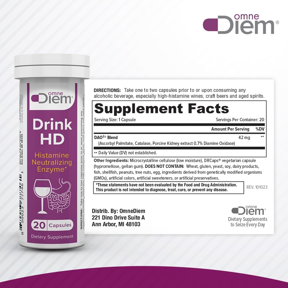 OmneDiem Drink HD Dietary Supplement: Natural DAO Enzyme Capsules for Histamine Neutralization & Digestion, 20 Count