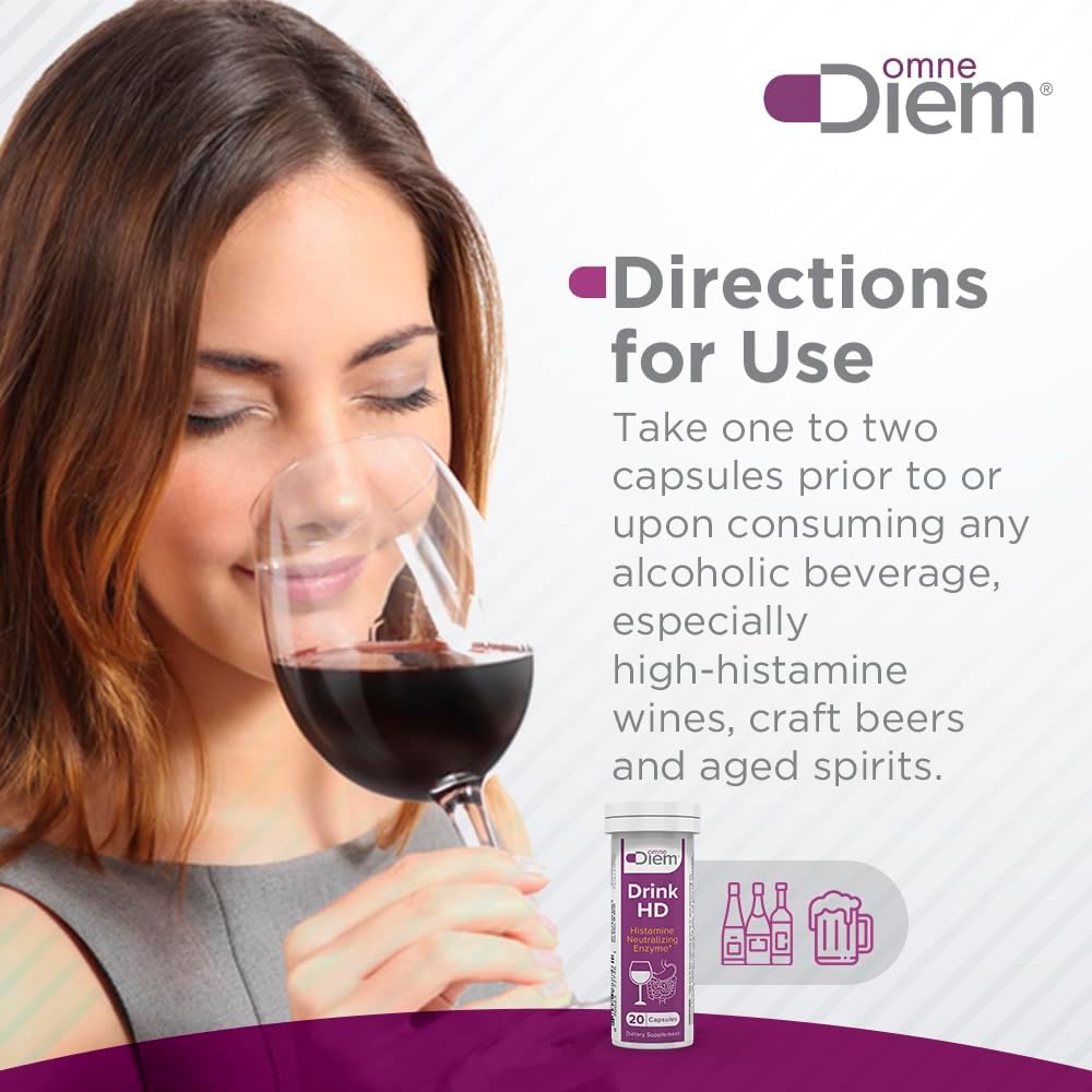 OmneDiem Drink HD Dietary Supplement: Natural DAO Enzyme Capsules for Histamine Neutralization & Digestion, 20 Count