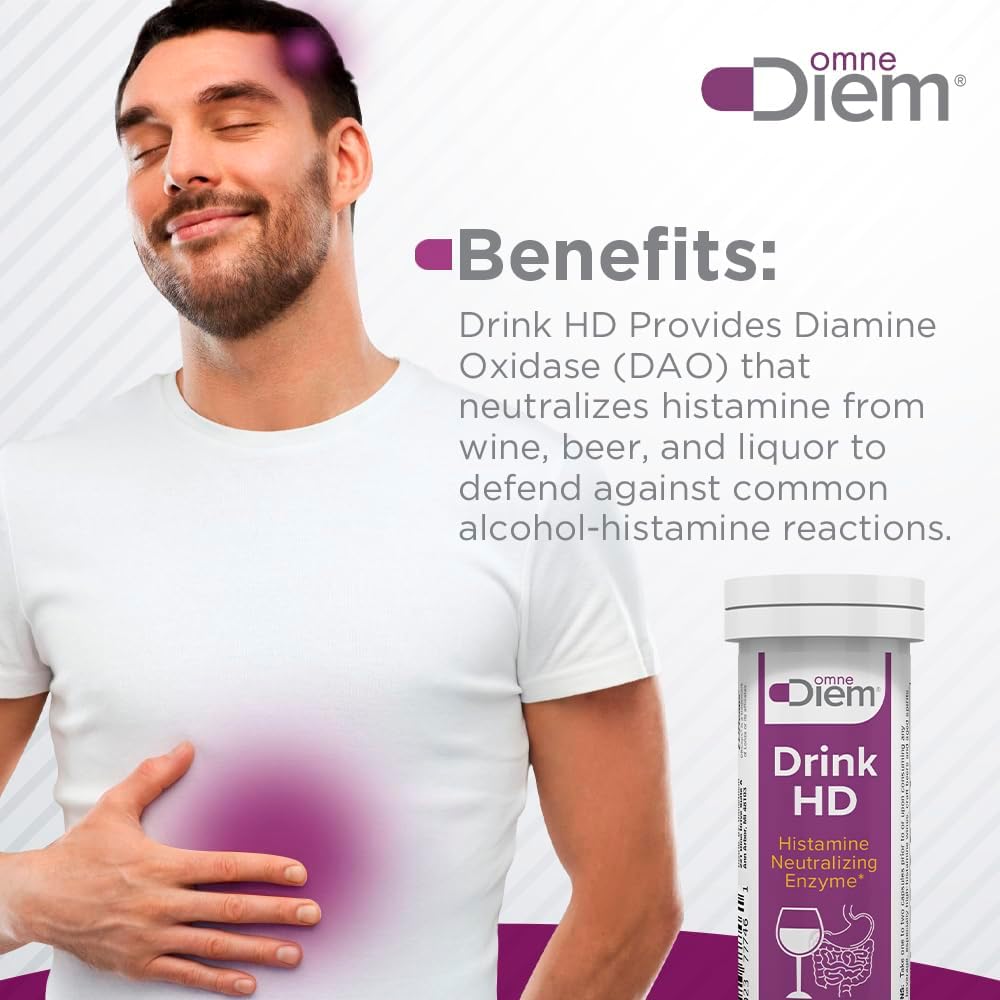 OmneDiem Drink HD Dietary Supplement: Natural DAO Enzyme Capsules for Histamine Neutralization & Digestion, 20 Count