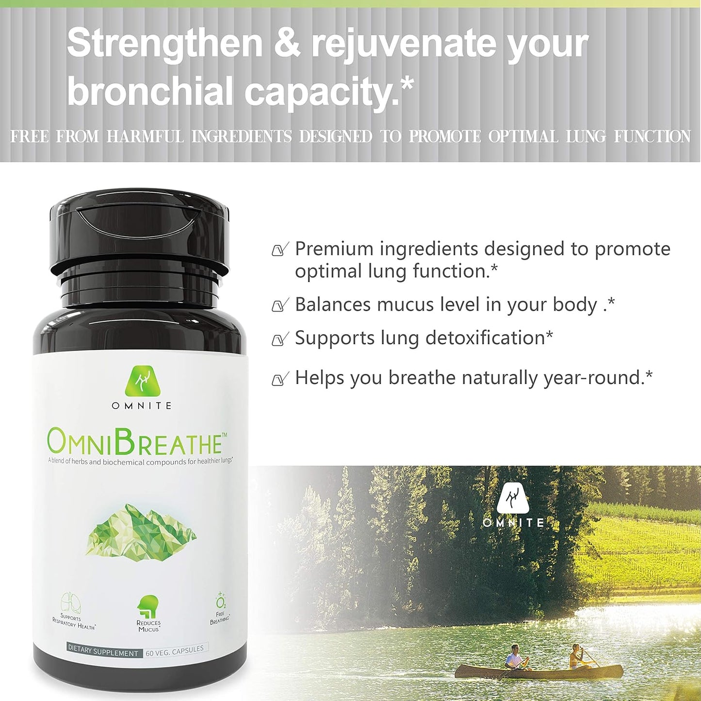 OmniBreathe 30-Day Respiratory Wellness Supplement for Smokers - Reduce Cough and Clear Mucus in 24H - Lung Cleanse and Detox with Omnite Asthma Relief - 60 Veg Capsules
