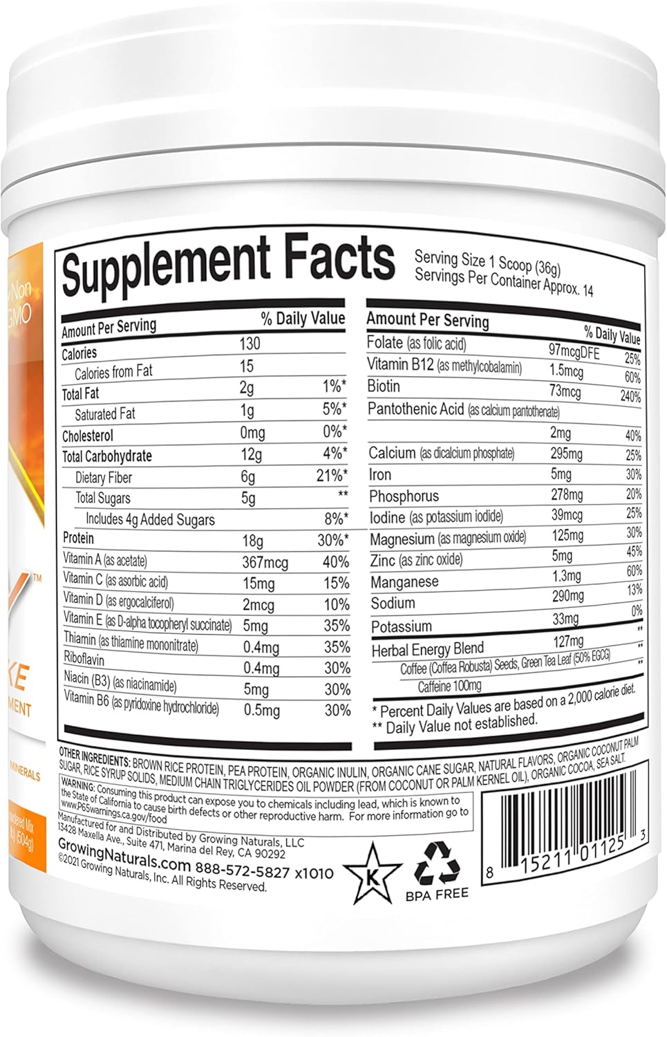 One & Done Super Shake Plant Based Protein - 18g Protein, Non-GMO, High Fiber, Gluten Free - A.M. Energy - 1lb Pack