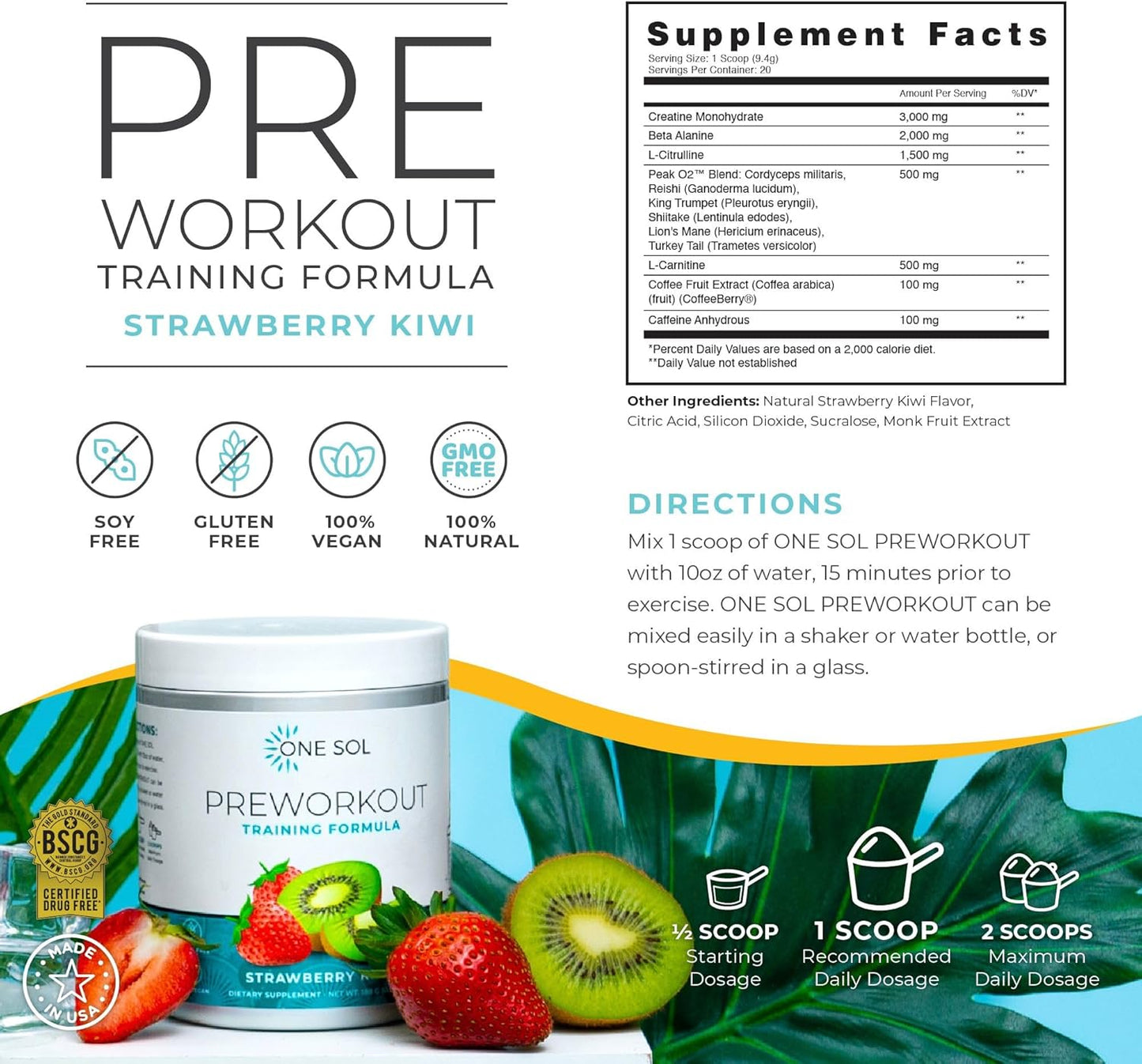 One Sol Strawberry Kiwi Women's Pre-Workout - Enhanced Pump & Focus, Natural Ingredients, Vegan & Gluten Free