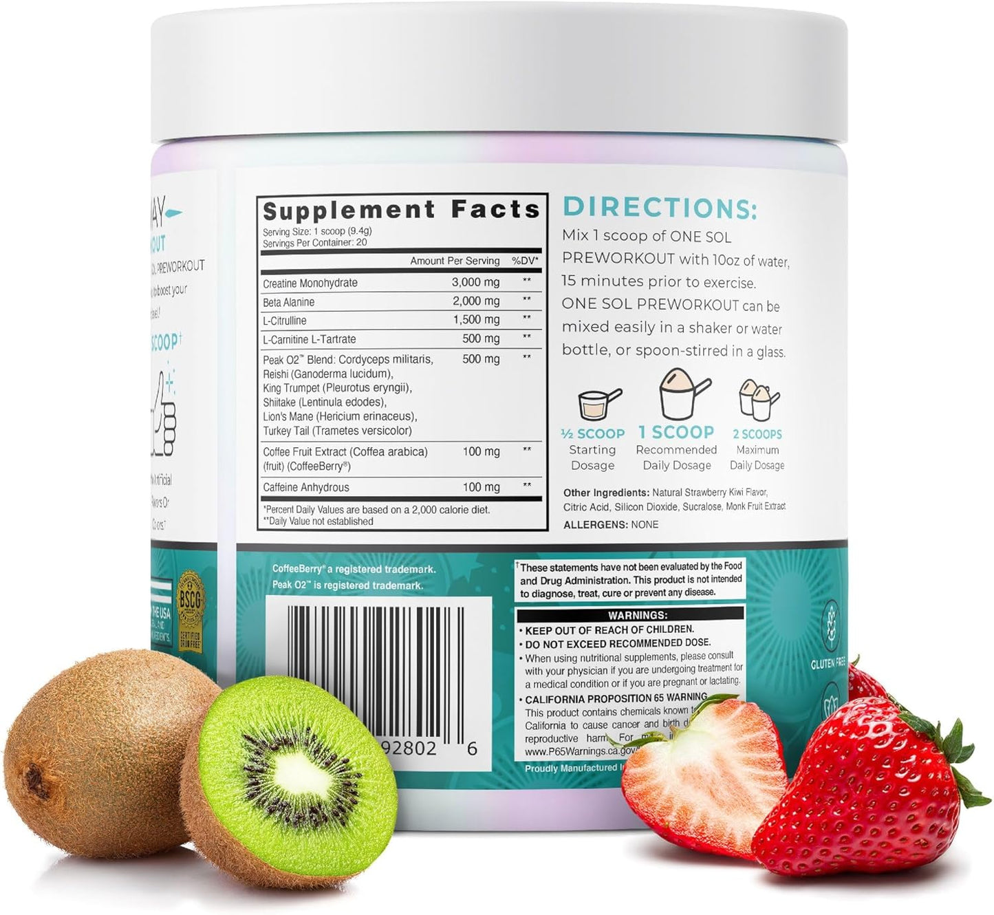 One Sol Strawberry Kiwi Women's Pre-Workout - Enhanced Pump & Focus, Natural Ingredients, Vegan & Gluten Free