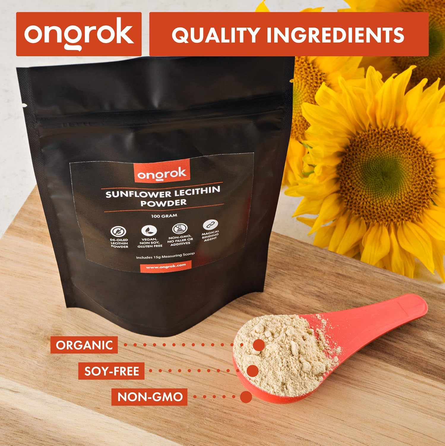 ONGROK Vegan Sunflower Lecithin Powder for Edibles, Non-GMO Binding Agent - 100g/3.52oz with Scoop