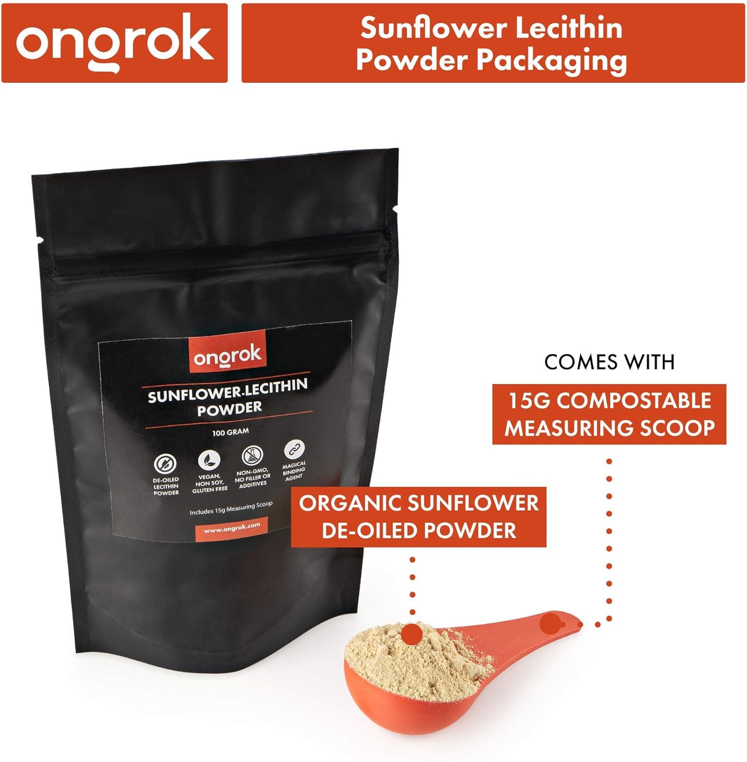 ONGROK Vegan Sunflower Lecithin Powder for Edibles, Non-GMO Binding Agent - 100g/3.52oz with Scoop