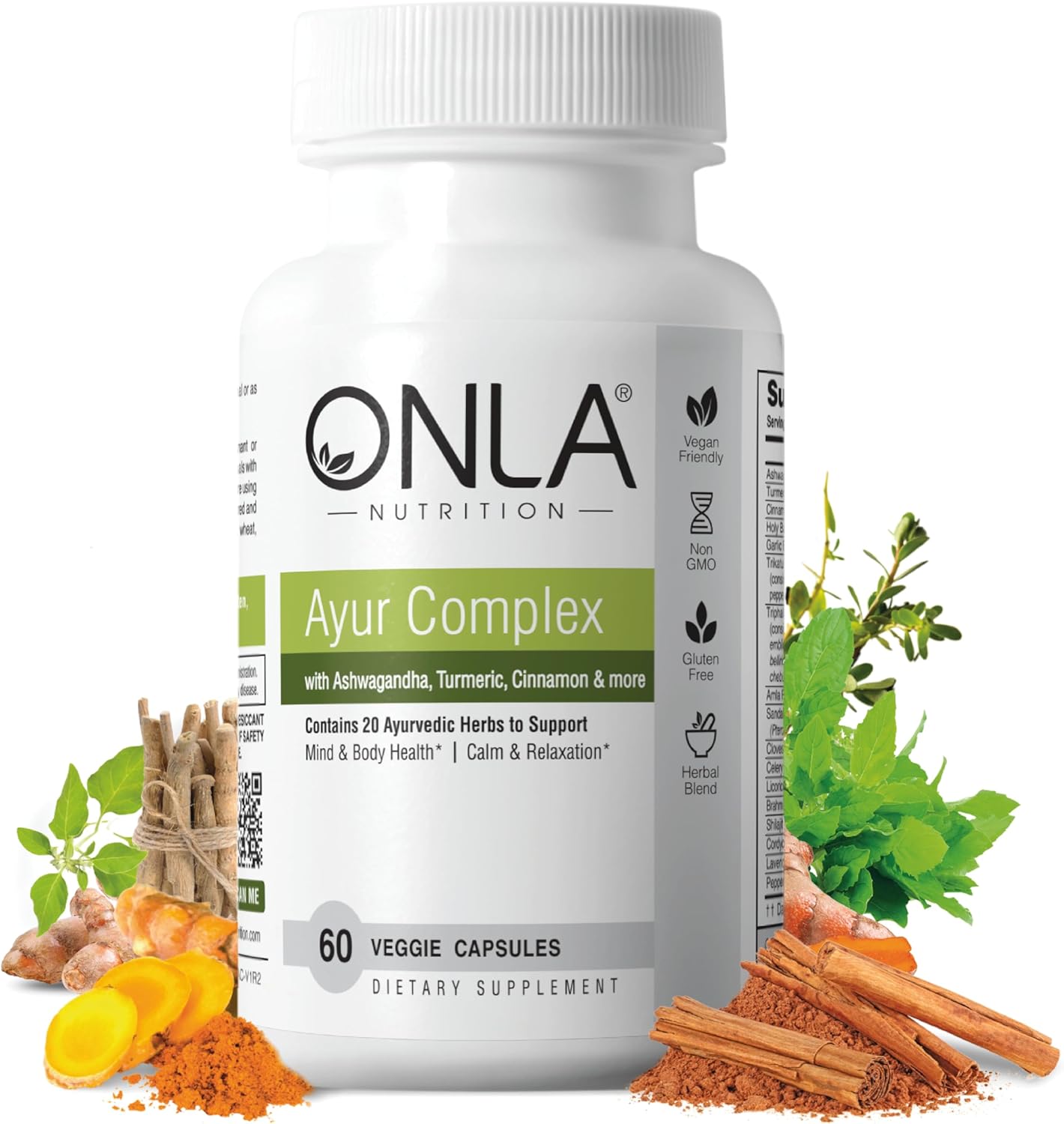 ONLA Vegan Ayurveda Herbal Supplements - Turmeric, Ashwagandha, Cinnamon, Triphala, Brahmi - Natural Energy Boost (60 Capsules)