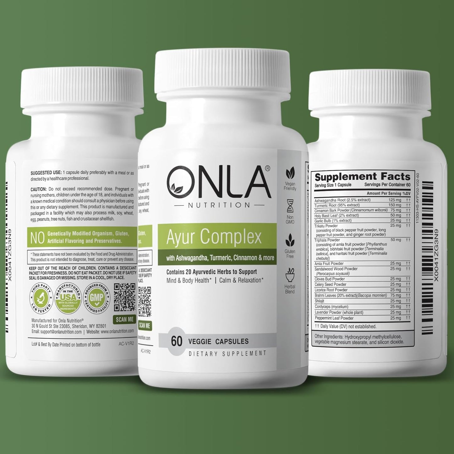 ONLA Vegan Ayurveda Herbal Supplements - Turmeric, Ashwagandha, Cinnamon, Triphala, Brahmi - Natural Energy Boost (60 Capsules)