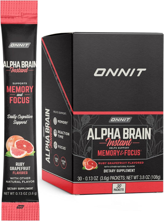 ONNIT Alpha Brain Instant - Ruby Grapefruit Nootropic Memory Supplement - Cognitive Support for Focus, Energy & Clarity - Alpha GPC Choline, Cats Claw, L-Theanine, Bacopa - 30ct