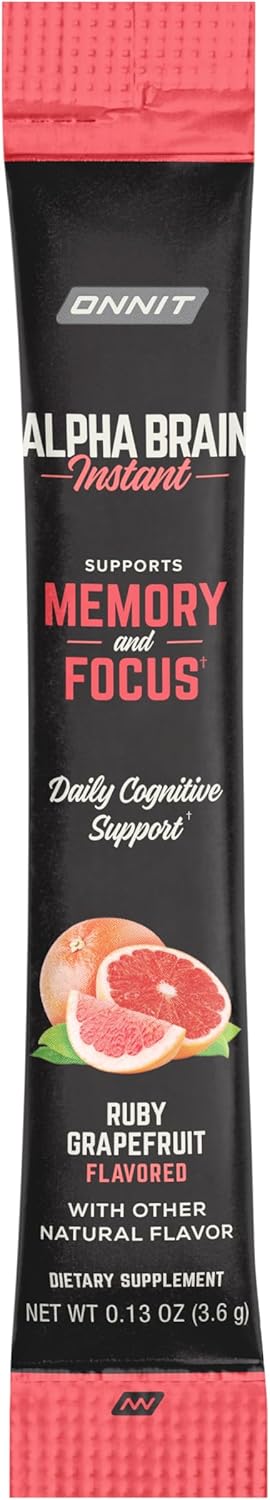 ONNIT Alpha Brain Instant - Ruby Grapefruit Nootropic Memory Supplement - Cognitive Support for Focus, Energy & Clarity - Alpha GPC Choline, Cats Claw, L-Theanine, Bacopa - 30ct