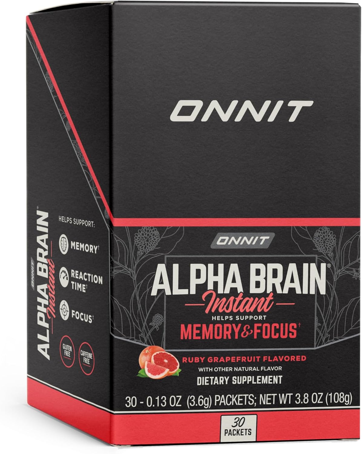 ONNIT Alpha Brain Instant - Ruby Grapefruit Nootropic Memory Supplement - Cognitive Support for Focus, Energy & Clarity - Alpha GPC Choline, Cats Claw, L-Theanine, Bacopa - 30ct