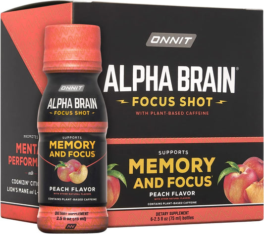 ONNIT Alpha Brain Peach Energy Shot Supplement - Boost Energy, Focus, Mood, Reduce Stress - 6 Pack (2.5 fl oz each)