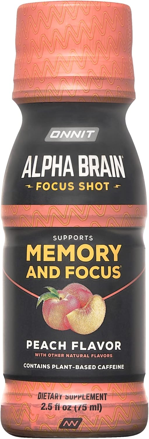 ONNIT Alpha Brain Peach Energy Shot Supplement - Boost Energy, Focus, Mood, Reduce Stress - 6 Pack (2.5 fl oz each)