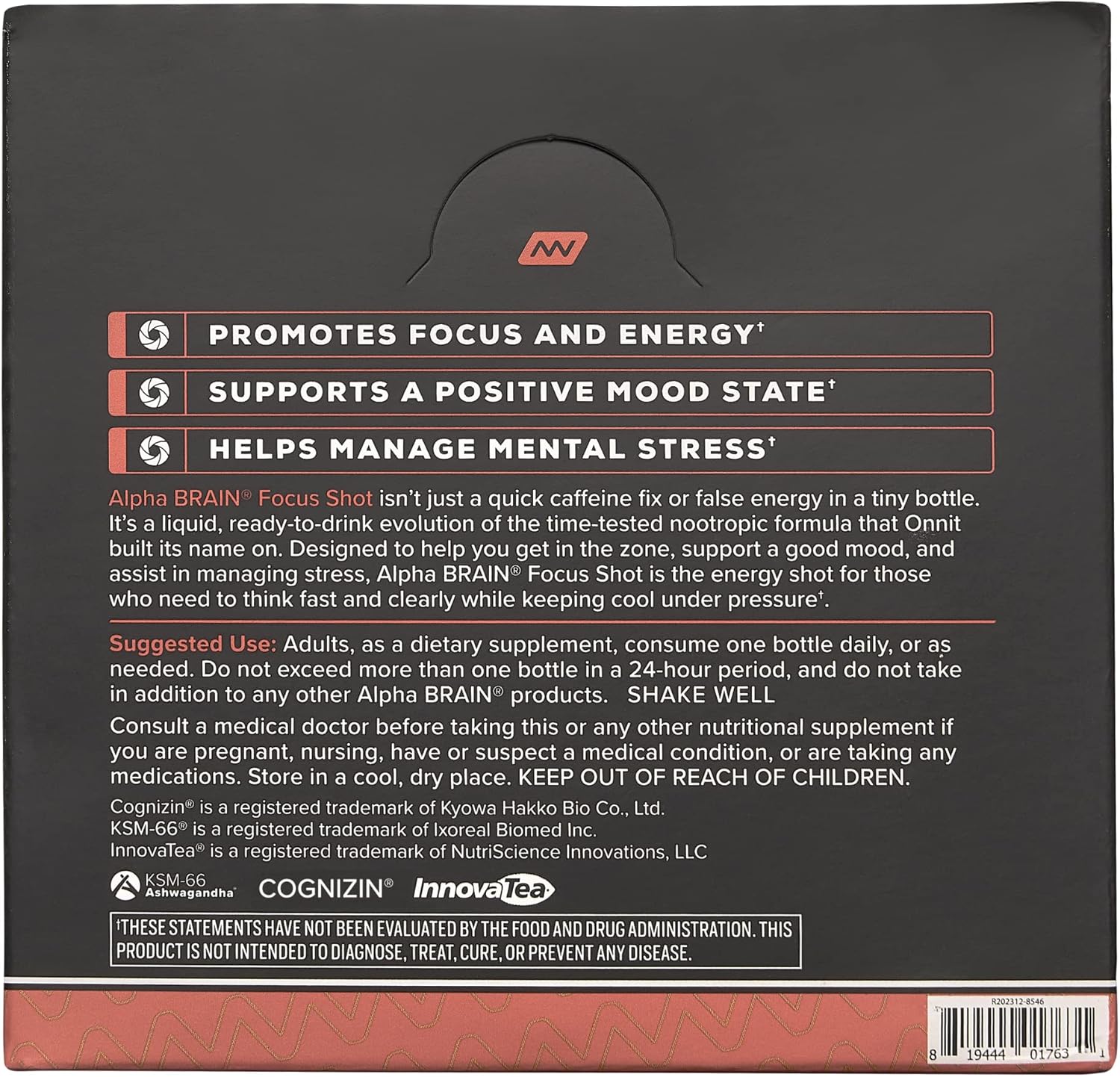 ONNIT Alpha Brain Peach Energy Shot Supplement - Boost Energy, Focus, Mood, Reduce Stress - 6 Pack (2.5 fl oz each)