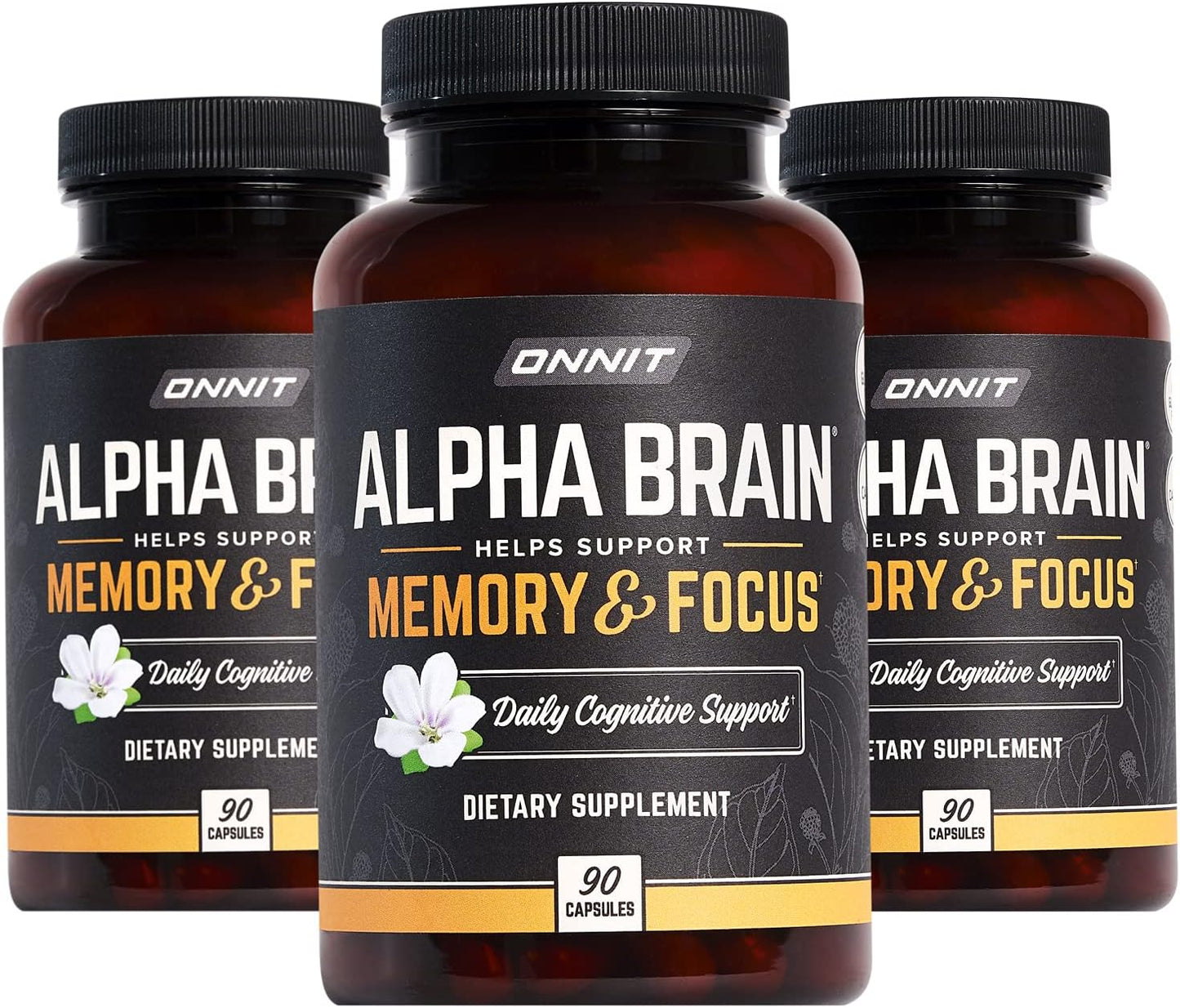 ONNIT Alpha Brain Premium Nootropic Supplement - Caffeine-Free Focus Capsules for Men & Women - Memory Support with Cat's Claw, Bacopa, Oat Straw - 90ct 3-Pack