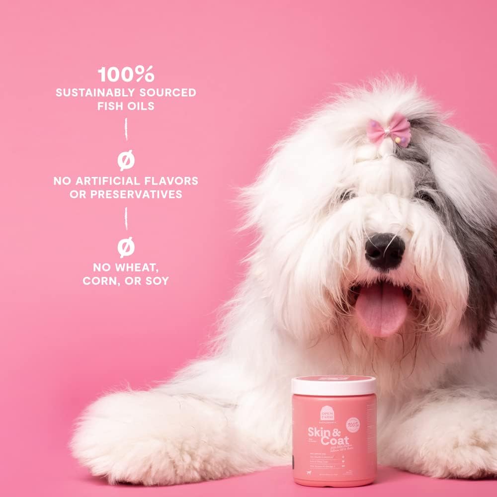 Open Farm Skin & Coat Chews for Dogs, 90 Count, 12.7 oz, Traceable Ingredients for Soft & Shiny Coat, Vet-Approved Supplement