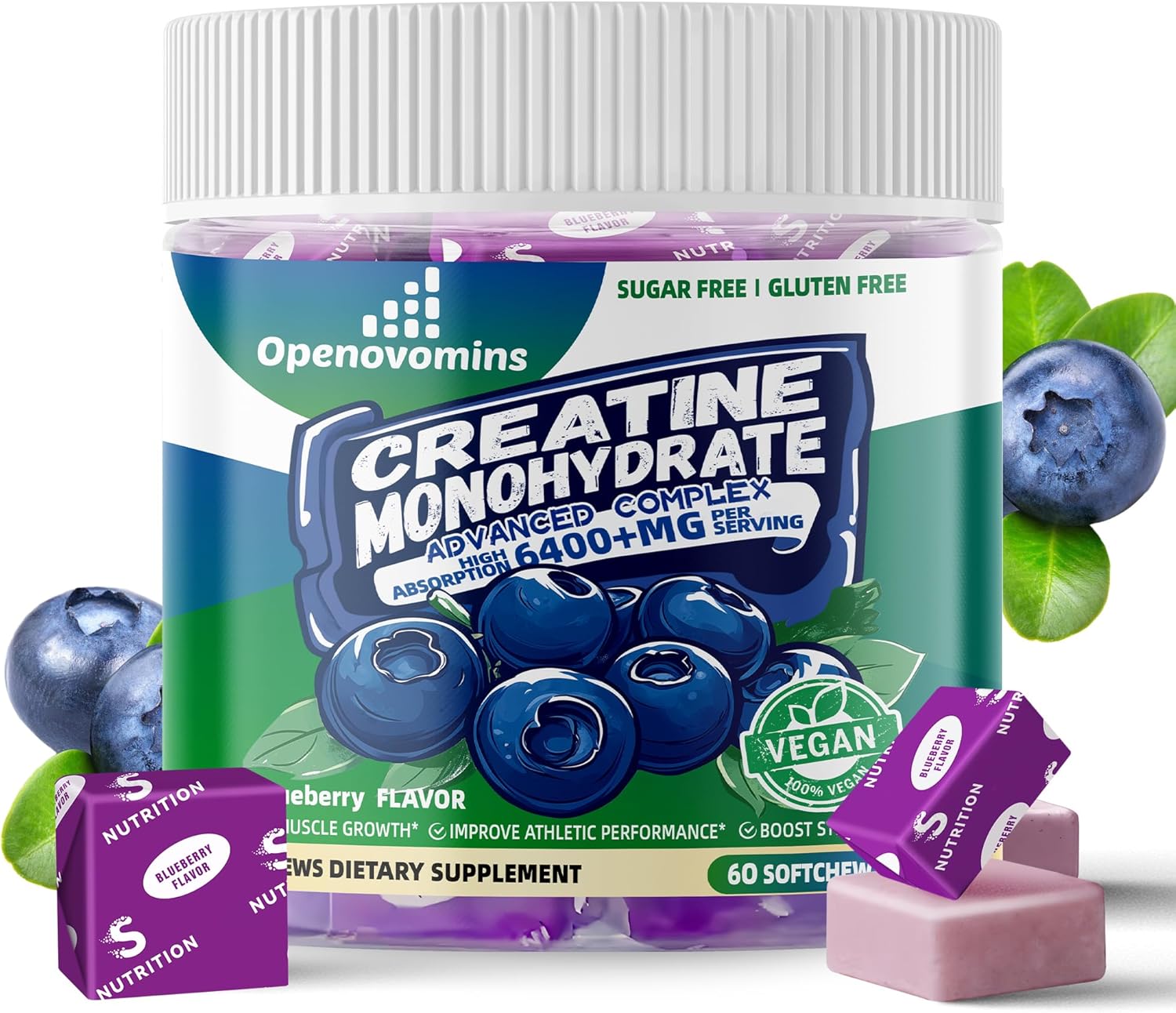 Openovomins Creatine Monohydrate Soft Chews Complex 6400mg with L-Taurine and Vitamin B12 - Sugar Free Blueberry Supplement for Men and Women, 60 Chewables