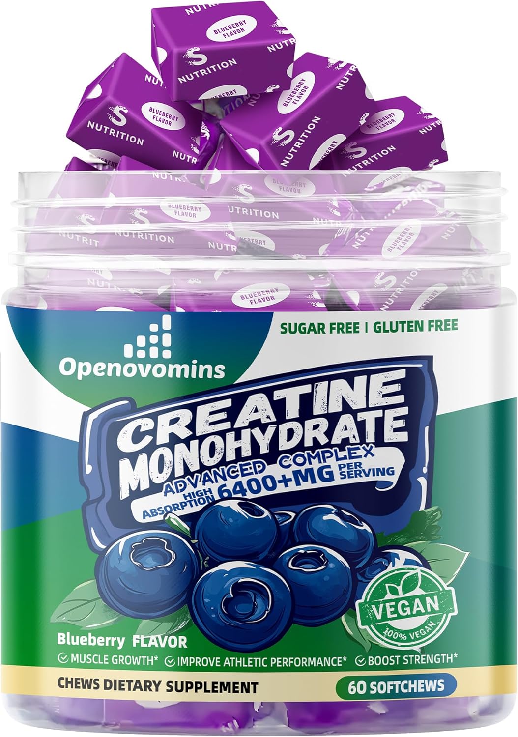 Openovomins Creatine Monohydrate Soft Chews Complex 6400mg with L-Taurine and Vitamin B12 - Sugar Free Blueberry Supplement for Men and Women, 60 Chewables