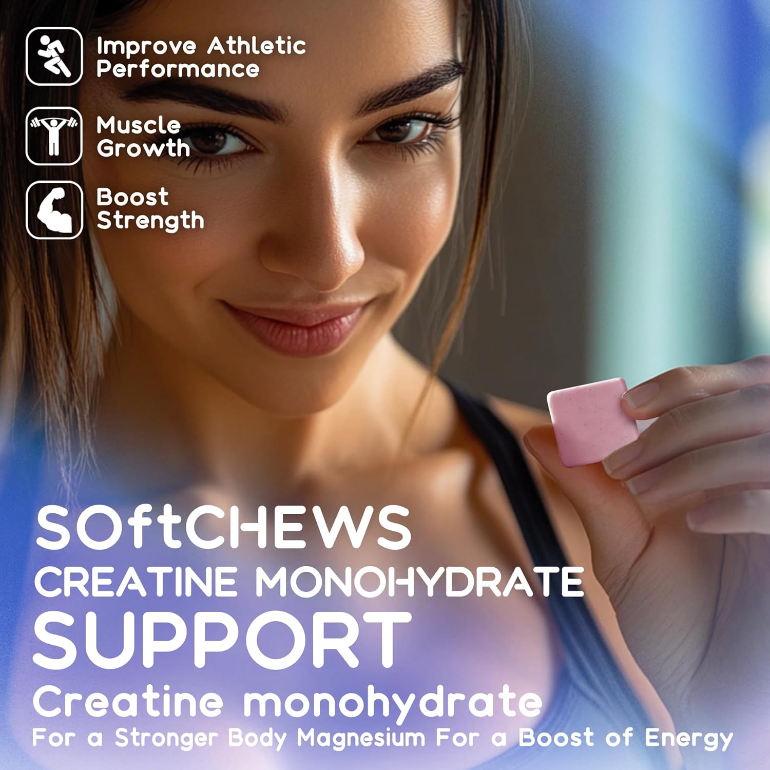 Openovomins Creatine Monohydrate Soft Chews Complex 6400mg with L-Taurine and Vitamin B12 - Sugar Free Blueberry Supplement for Men and Women, 60 Chewables