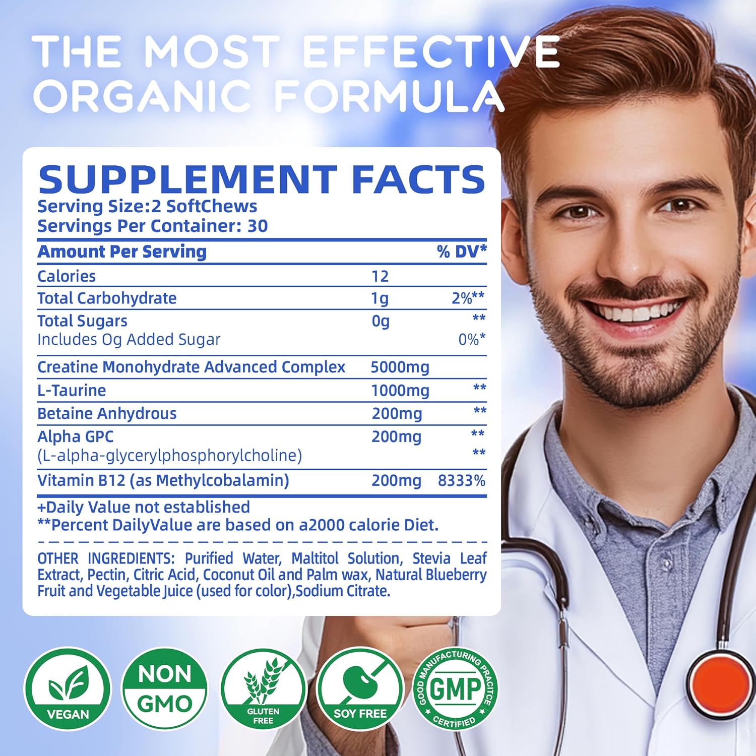 Openovomins Creatine Monohydrate Soft Chews Complex 6400mg with L-Taurine and Vitamin B12 - Sugar Free Blueberry Supplement for Men and Women, 60 Chewables