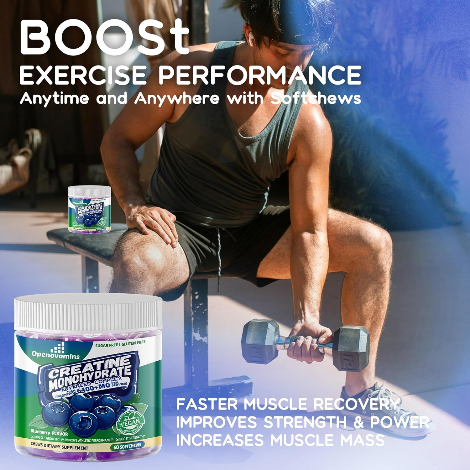 Openovomins Creatine Monohydrate Soft Chews Complex 6400mg with L-Taurine and Vitamin B12 - Sugar Free Blueberry Supplement for Men and Women, 60 Chewables