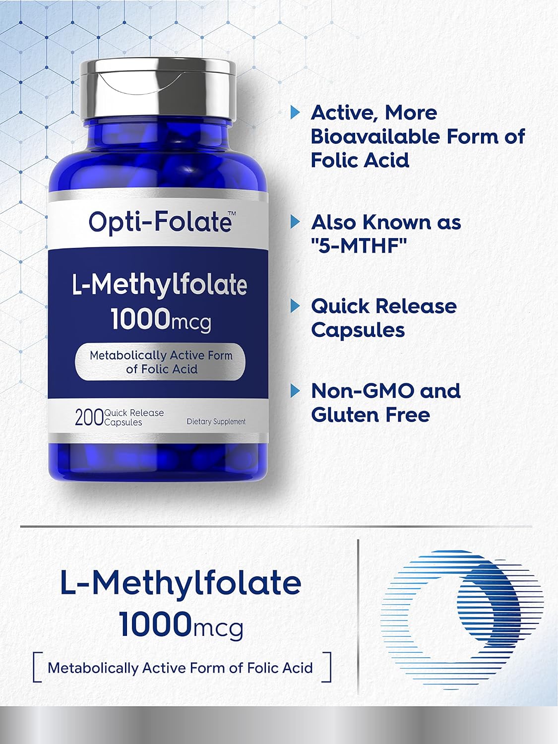Opti-Folate Methylfolate 1000mcg Capsules - 200 Count Value Size, Activated & Optimized, Non-GMO & Gluten Free