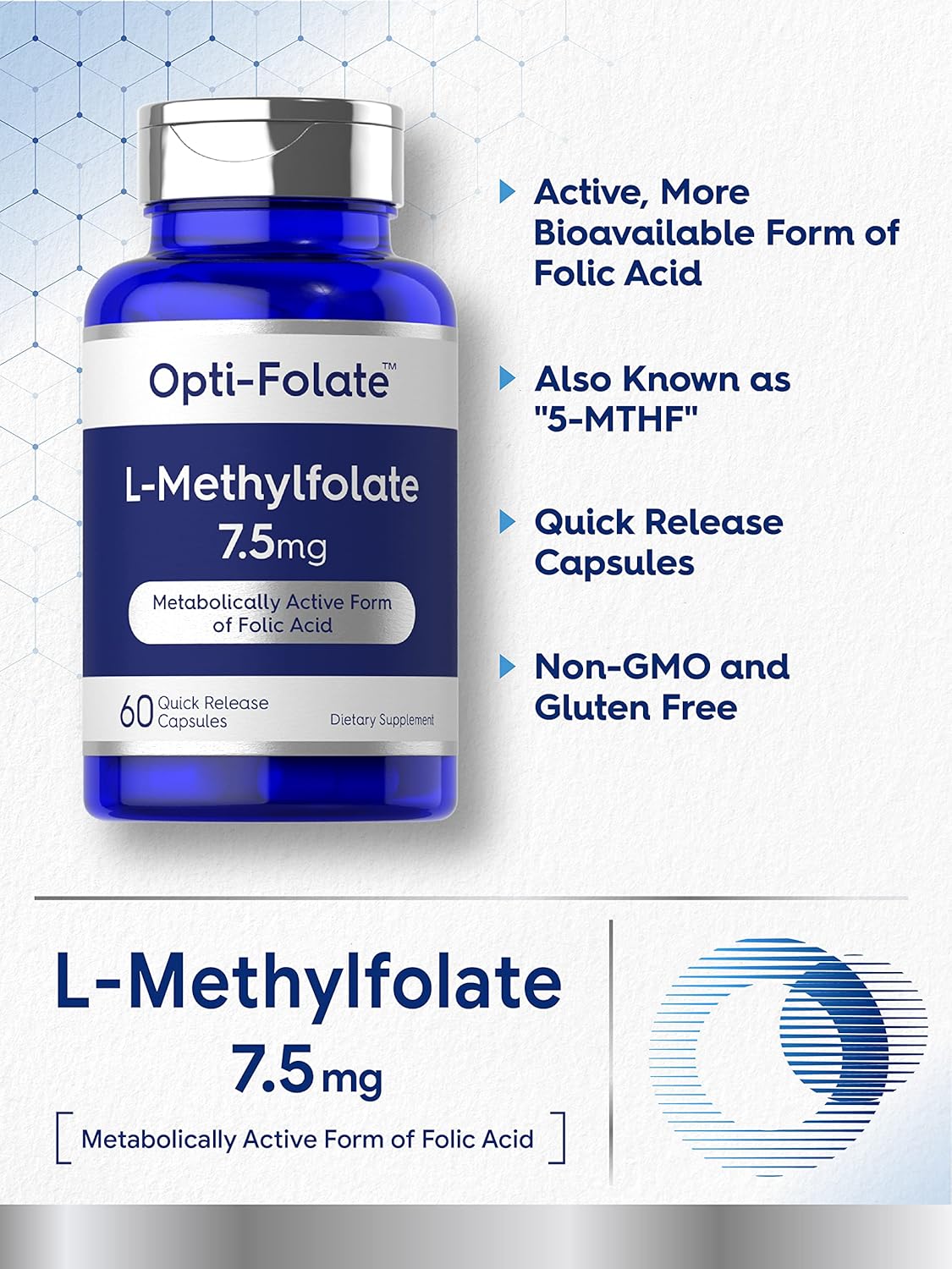 Opti-Folate Methylfolate 7.5 mg Capsules - 60 Count, Non-GMO, Gluten Free, 5-MTHF Supplement