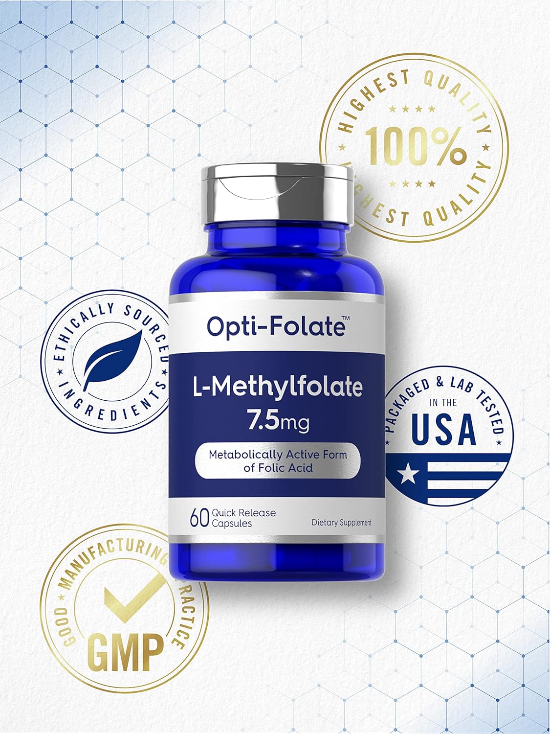 Opti-Folate Methylfolate 7.5 mg Capsules - 60 Count, Non-GMO, Gluten Free, 5-MTHF Supplement