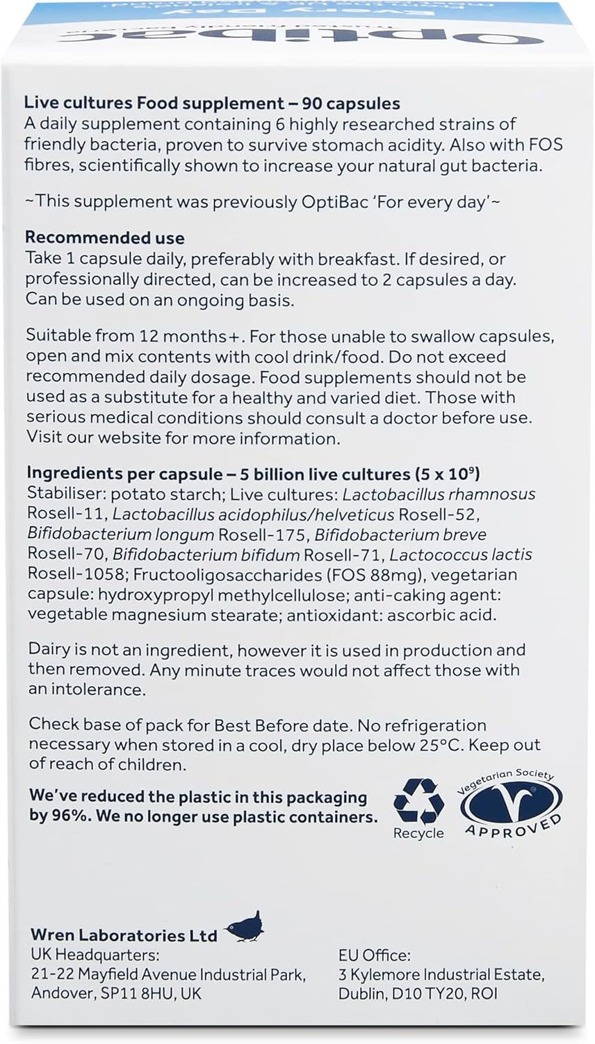 OPTIBAC Daily Wellbeing Probiotic Supplement, 180 Capsules for Gut Health & Immune Support